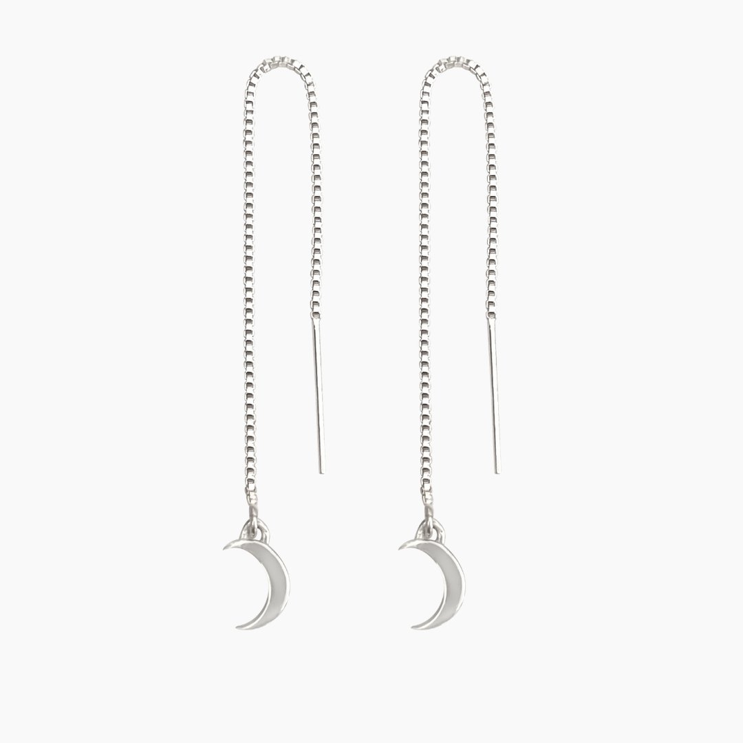 Silver Crescent Moon Threader Earrings | Mazi New York Jewelry