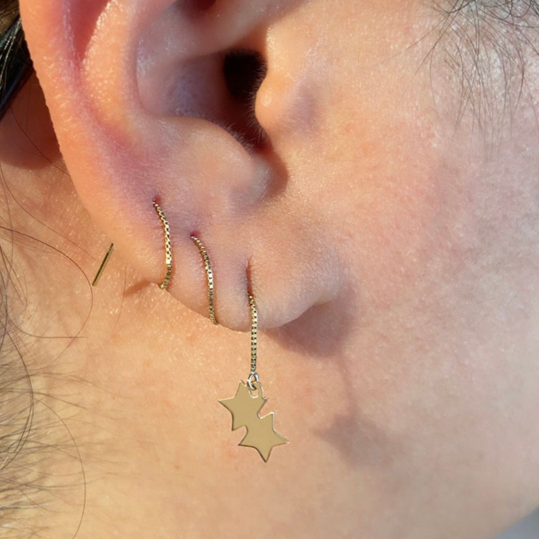 Double Star Threader Earring in 14k Gold (single earring) - Mazi New York-jewelry